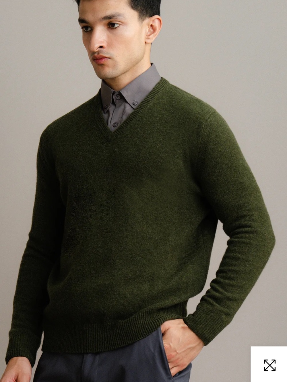 Men's V-Neck pure lambWool blend Sweater in Olive Green officewear Academic